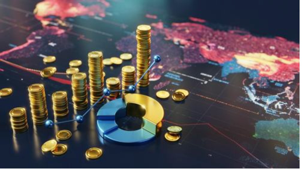 Stacks of gold coins and a pie chart on a glowing world map representing generational wealth transfer